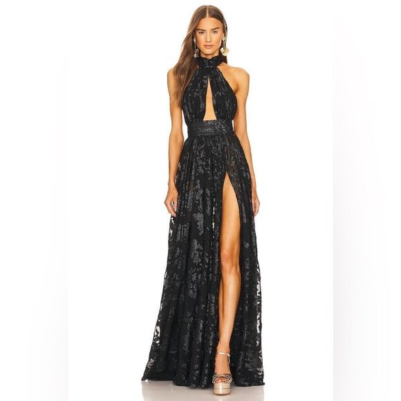 Michael Costello REVOLVE Luara Gown Romantic Floral Silk Maxi Sheer Black - Picture 1 of 15
